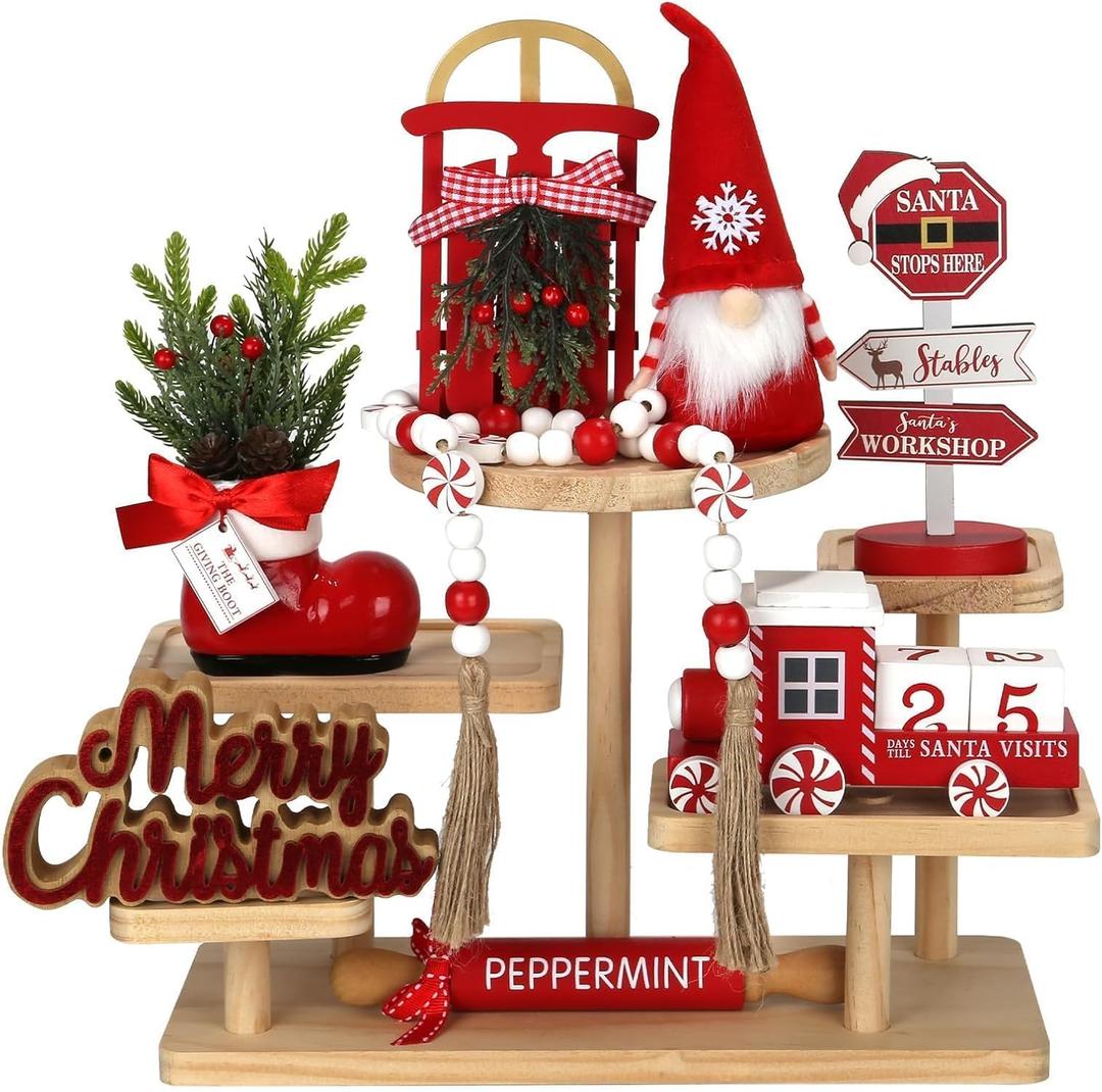Christmas Decorations 8 PCS Tiered Tray Decor Set, Cute Tabletop Christmas Decor for Home Office Shelf Mantel Coffee Bar Xmas Table Centerpieces Tray Objects Holiday Decoration Set