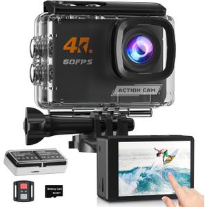 4K60FPS Action Camera Touchscreen, 40M Waterproof Underwater Camera with 64G SD Card, 6-Axis Stabilization Motorcycle Camera 8X Zoom with 2.4G Remote Control 2 * 1350 mAh Batteries