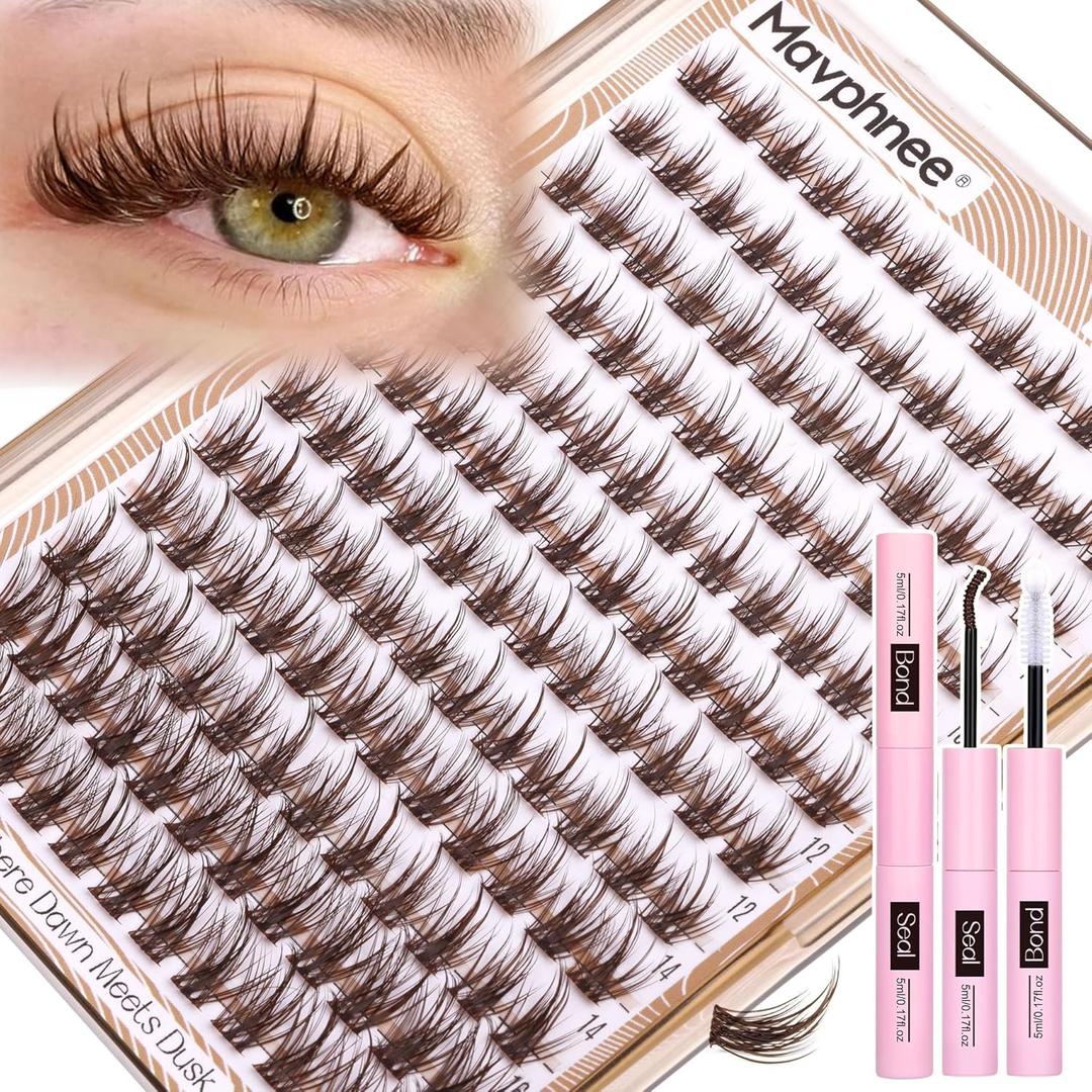 Brown Lash Clusters Kit Wispy Eyelash Extensions Kit Fairy Dark Brown Individual Lashes with Lash Bond and Seal 8-16MM C-Curly Clean Girl Beauty Natural Cluster Lashes (144Pcs, Brown Lash Glue)