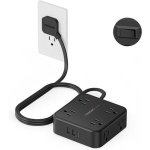 TESSAN Surge Protector Power Strip Black, 5 Ft Flat Plug Extension Cord with 3 USB (1 USB C) 8 Outlets, 900J Surge Protection, 3 Sided Outlet Extender with Power Switch for Office, Dorm Room