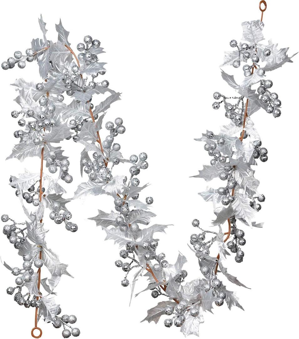 Lvydec Artificial Berry Garland Christmas Decoration - 6ft Silver Garland with Glitter Berries and Holly Leaves for Holiday Fireplace Mantel Table Decorations Lvydec Artificial Berry Garland Christmas Decoration - 6ft Silver Garland with Glitter Berries and Holly Leaves for Holiday Fireplace Mantel Table Decorations