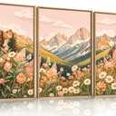 LHIUEM Large Abstract Colorful Mountain Framed Canvas Wall Art,Boho Pink Flower Wall Decor, Nature Wildflower Wall Painting,Bohemian Artwork for Living Room,Bedroom,Dining Room,Office -16"x24"x3