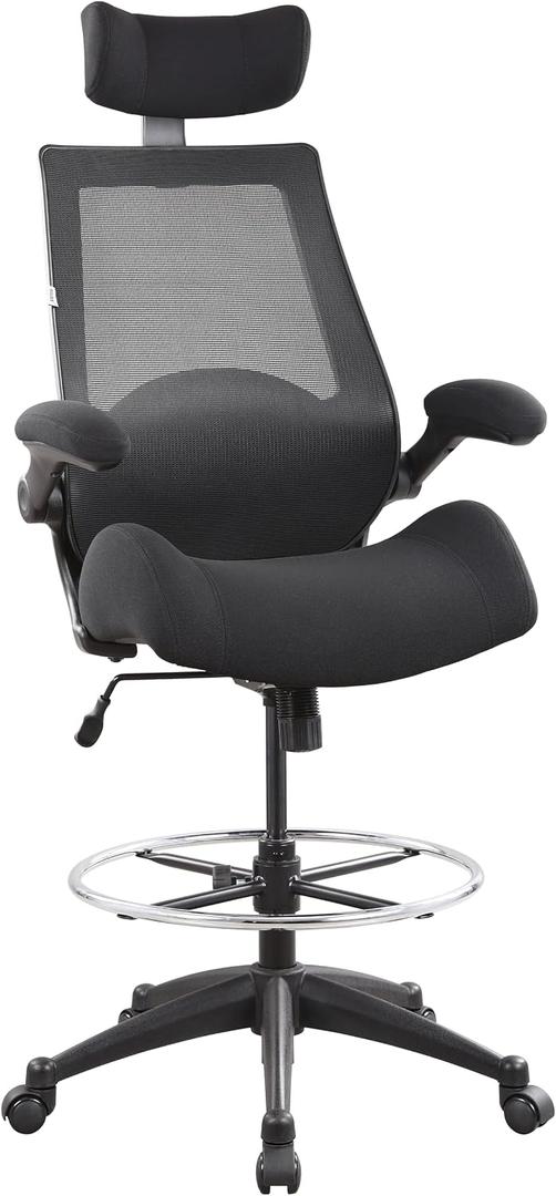 BOLISS Drafting Tall Office Chair 400lbs High Back Wide Standing Desk Chair Comfortable with Flip up Armrests Lumbar Support Adjustable Big Footrest Ring(Black), BLS-2818HD