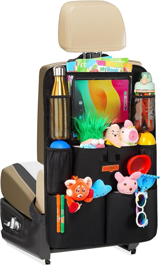 SURDOCA Upgraded Car Organizer with 11-inch Tablet Holder, 8 Pockets, Car Seat Protector for Road Trips - Car Storage and Organizers for Kids