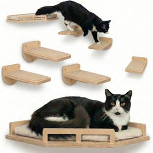 INICIO Cat Wall Shelves - Modern and Durable 3 Step Cat Furniture for Wall - Stylish Birch Floating Shelf for Cats up to 15lbs - Wooden Corner Shelves with Cushioned Perch - Natural Wood