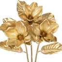 Briful Set of 3 Gold Magnolia Floral Stems 26in Magnolia Artificial Flowers Silk Magnolia Flower Branches for Christmas Home Office Table Vase Decor