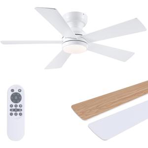 BYKISTOK 46" Flush Mount Ceiling Fan with Lights - White Modern Fan Light with Reversible Mute Motor, 3CCT Dimmable, Wind Speeds Adjustable, Low Profile Light Fixure for Indoor Use, Bedroom