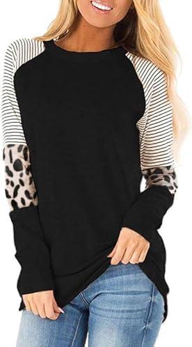 Leopard Print Tops for Women Long Sleeve Crew Neck Patchwork T Shirt Blouse L