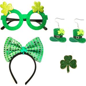 3 x 4Pcs St. Patrick's Day Costume Set Shamrock Themed Headband, Glasses, Earrings, Pin, Irish Green Festival Themed Party Women Costume Accessories (Green)