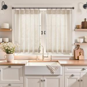 Linen Kitchen Curtains,36 Inch Length Light Filtering Sheer Short Cafe Window Curtains Tier,Pinch Pleated Small Kitchen Drapes for Windows,2 Panels,(24" W x 36" L Natural)
