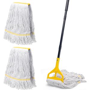 Commercial Mop with 3 Extra Large Replacement Heads,59" Long Handle Heavy Duty Industrial Mops for Floor Cleaning,Looped-End String Wet Cotton Mop for Home,Kitchen,Office,Garage,Concrete/Tile Floor