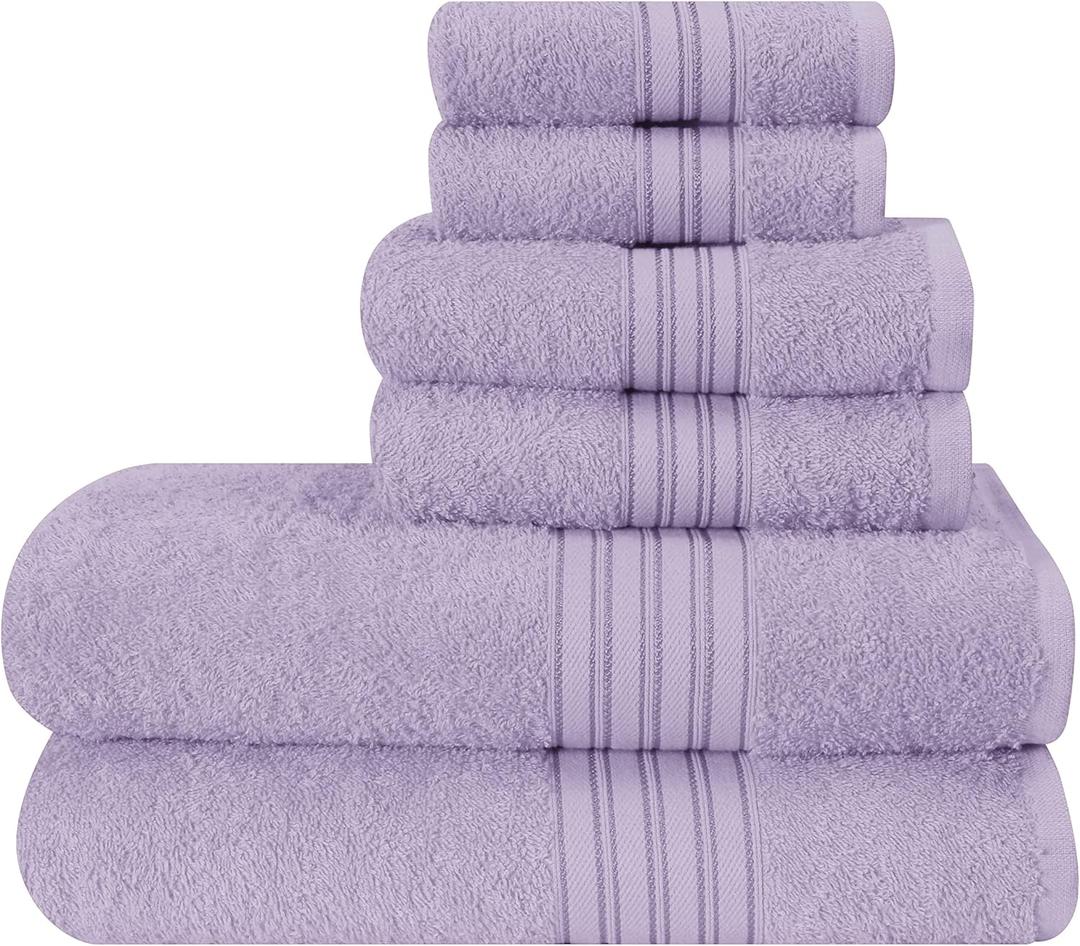 BOUTIQUO 6 Pack Cotton Towel Set, Contains 2 Bath Towels 28x55 inch, 2 Hand Towels 16x24 inch & 2 Wash Coths 12x12 inch, Ideal Everyday use, Ultra Soft Compact & Lightweight - Purple