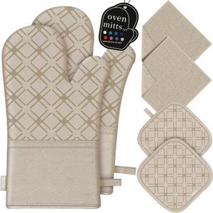 Oven Mitts and Pot Holders Set with Dishcloths, 500 Degree Heat Resistant Oven Gloves and Hot Pads, Premium Soft Cotton Kitchen Mittens and Dish Cloth Sets-Beige
