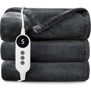 HYLEORY Heated Electric Blanket Throw, 2-Layer Cozy Warm Flannel 50" x 60", Heating Blanket with 9 Heating Levels, 2/4/6/10 Hours Auto Off, Fast Heating Winter Blanket, Dark Grey