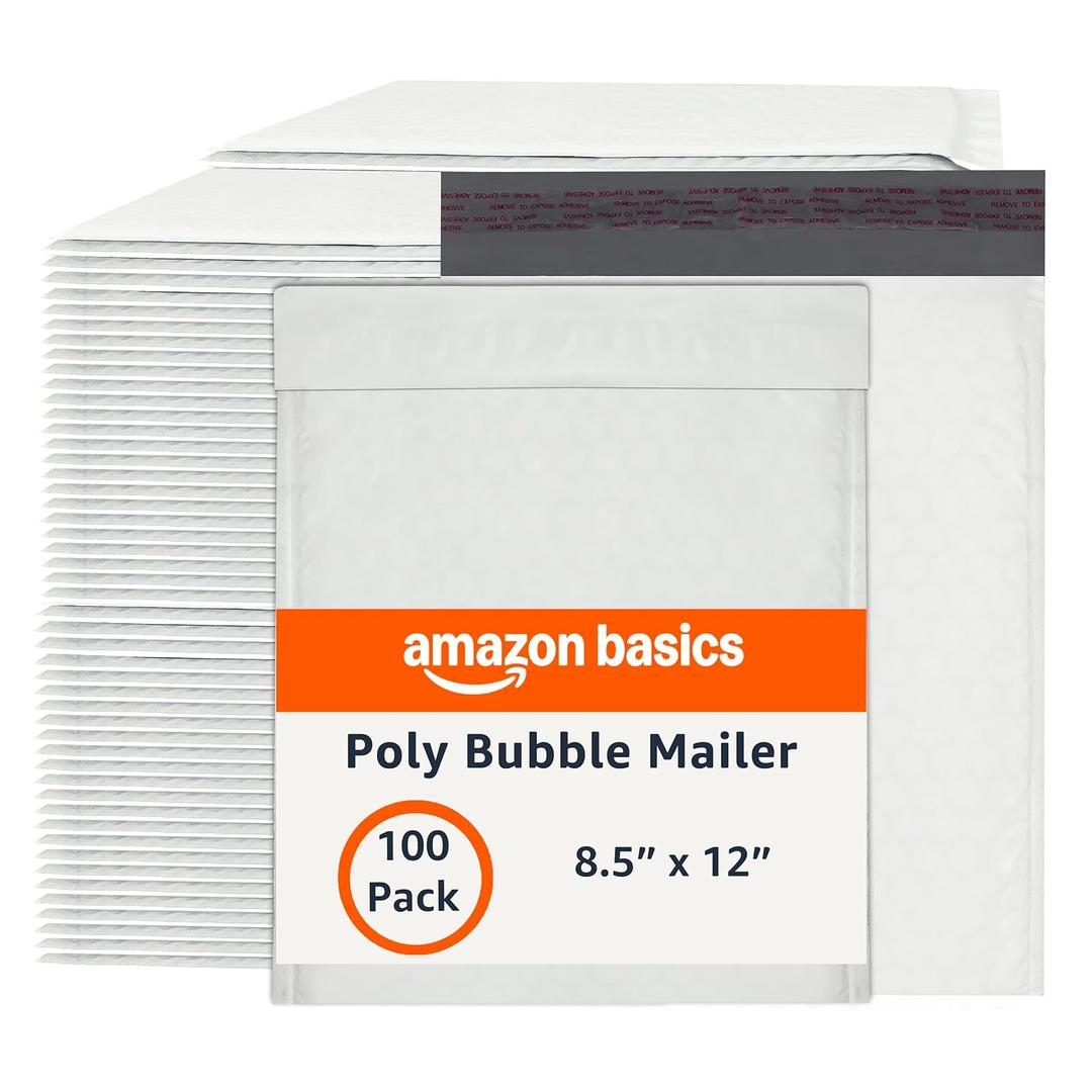 Amazon Basics Poly Bubble Mailer, 8.5" x 12" (Internal Size 8.25" x 11"), Self-Seal, 100-Pack, White/Grey