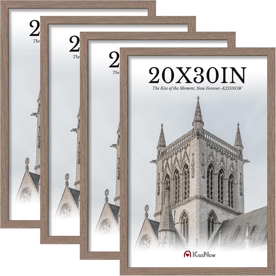 20x30 Poster Frame 4 Pack, Walnut Wood 30x20 Picture Frame, Polished Plexiglass, Vertical or Horizontal Wall Display for Photos & Artwork