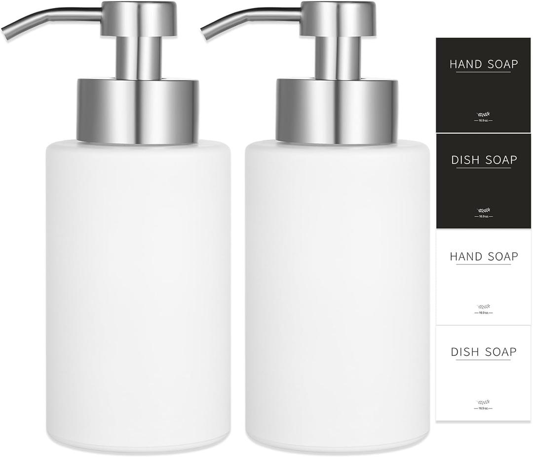 Foaming Soap Dispenser Set, 12 Oz Glass Hand Soap Dispenser with 304 Rust Proof Stainless Steel Pump, Waterproof Labels, for Bathroom Decor Kitchen College Dorm, White Silver Pump 2 Pack