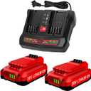 Powilling 2Pack 3.5Ah 20V Replacement Craftsman V20 Lithium Battery and Charger Kit, for CMCB202 CMCB204 CMCB206 CMCB201 CMCB100 CMCB124 with 2Port Dual CMCB104 Craftsman 20V Battery Charger