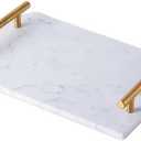 Olbia White Marble Tray with Gold Handle, Breakfast Serving Tray, Rectangle Decorative Perfume Tray, (White Marble)