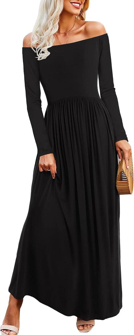 Amoretu Dresses for Women Long Sleeve Off Shoulder Maxi Flowy Casual Loose Plain Dress with Pockets (Large, Black)