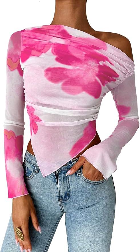 SHENHE Women's Floral Mesh Tops Flare Sleeve Open Off Shoulder Ruched Slim Fit Crop T-Shirts Hot Pink Large