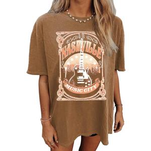 Nashville Music City T-Shirt Women Country Music Oversized Shirts Rock Band Tshirt Vintage Guitar Wings Graphic Tees, L