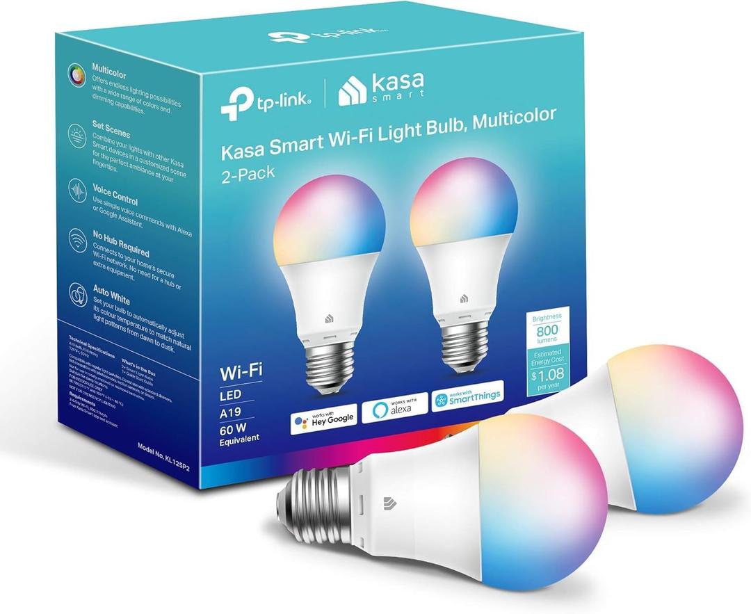 Kasa Smart Light Bulbs, Full Color Changing Dimmable Smart WiFi Bulbs Compatible with Alexa and Google Home, A19, 60 W 800 Lumens,2.4Ghz only, No Hub Required, 2-Pack (KL125P2)