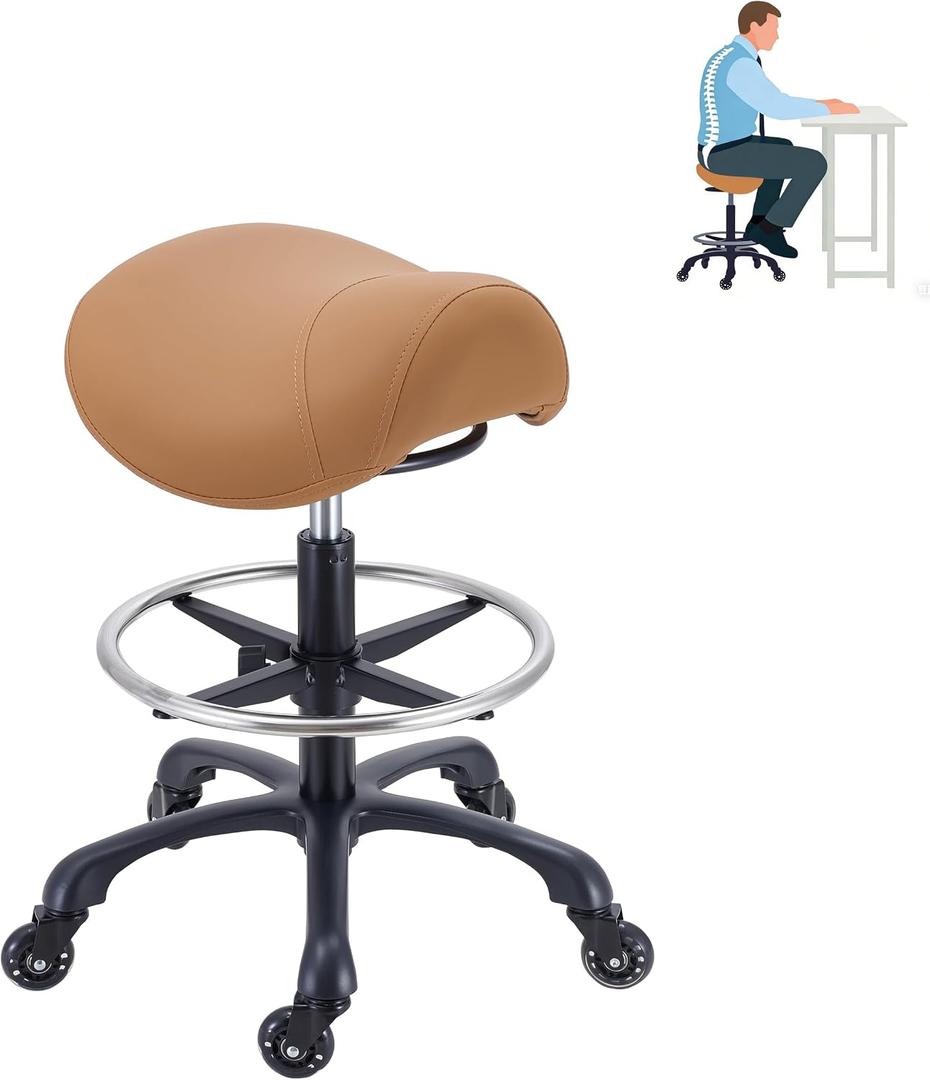 Saddle Salon Stool with Footrest,Heavy Duty, Adjustable Height, Rolling Esthetician Chair for Tattoo Spa Medical Dentist Clinic(Brown), Standard