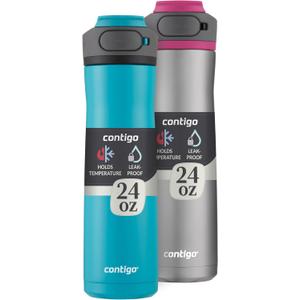 Contigo Cortland Chill 2.0 Vacuum-Insulated Stainless Steel Water Bottle Spill-Proof Lid Preserves Temperature for Hours 24oz 2-Pack Juniper & Dragon fruit Ideal for Travel and Daily Use