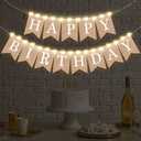 Breling 2 Pieces Burlap Happy Birthday Banner Flags Decor and 2 Pieces Mini LED Fairy Lights Battery Rustic Banner Garland Bunting for Adult Women Men Birthday Party Baby Shower Fireplace Supplies