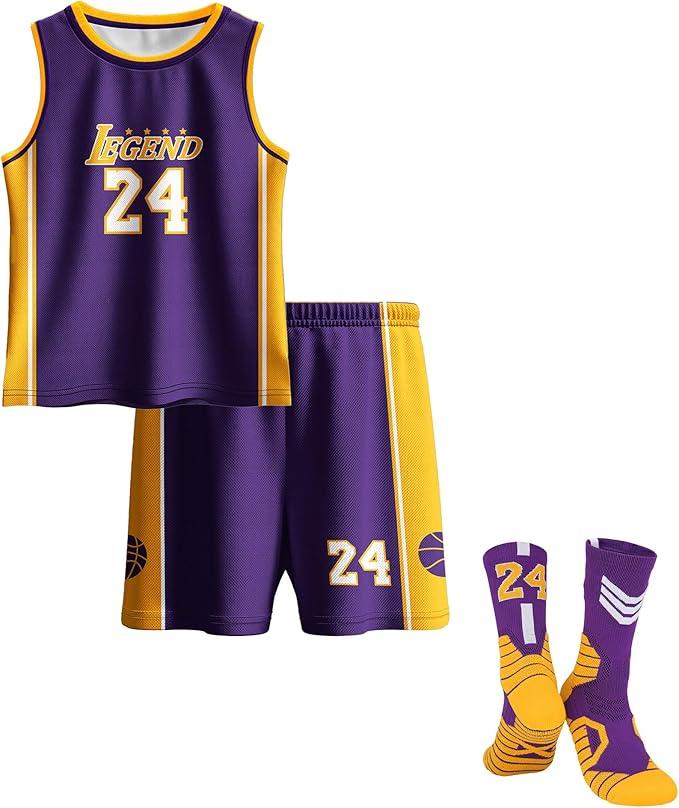 Kids Basketball Jerseys #24 Mesh Sleeveless Tank Top Shorts Socks for Boys Girls 3PC Athletic Training Uniforms,130, M