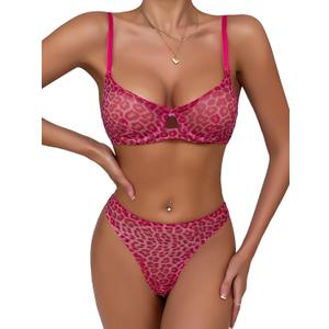 Lilosy Sexy Mesh Sheer Underwire Push Up Lingerie Set Lingerie Set (Large, Hot Pink Leopard)