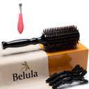 Belula Boar Bristle Round Brush for Blow Drying Set. Round Hair Brush With Large 2.7 Wooden Barrel. Hairbrush Ideal to Add Volume and Body. Free 3 x Hair Clips & Travel Bag.