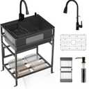 Black utility sink, 25x18 Inch Stainless Steel Freestanding Laundry Sink Practicality With Accessories-Black Faucet,Soap Dispenser, SS Sink Grid, Colander For Laundry,Garage,Outdoor Kitchen,Garden...