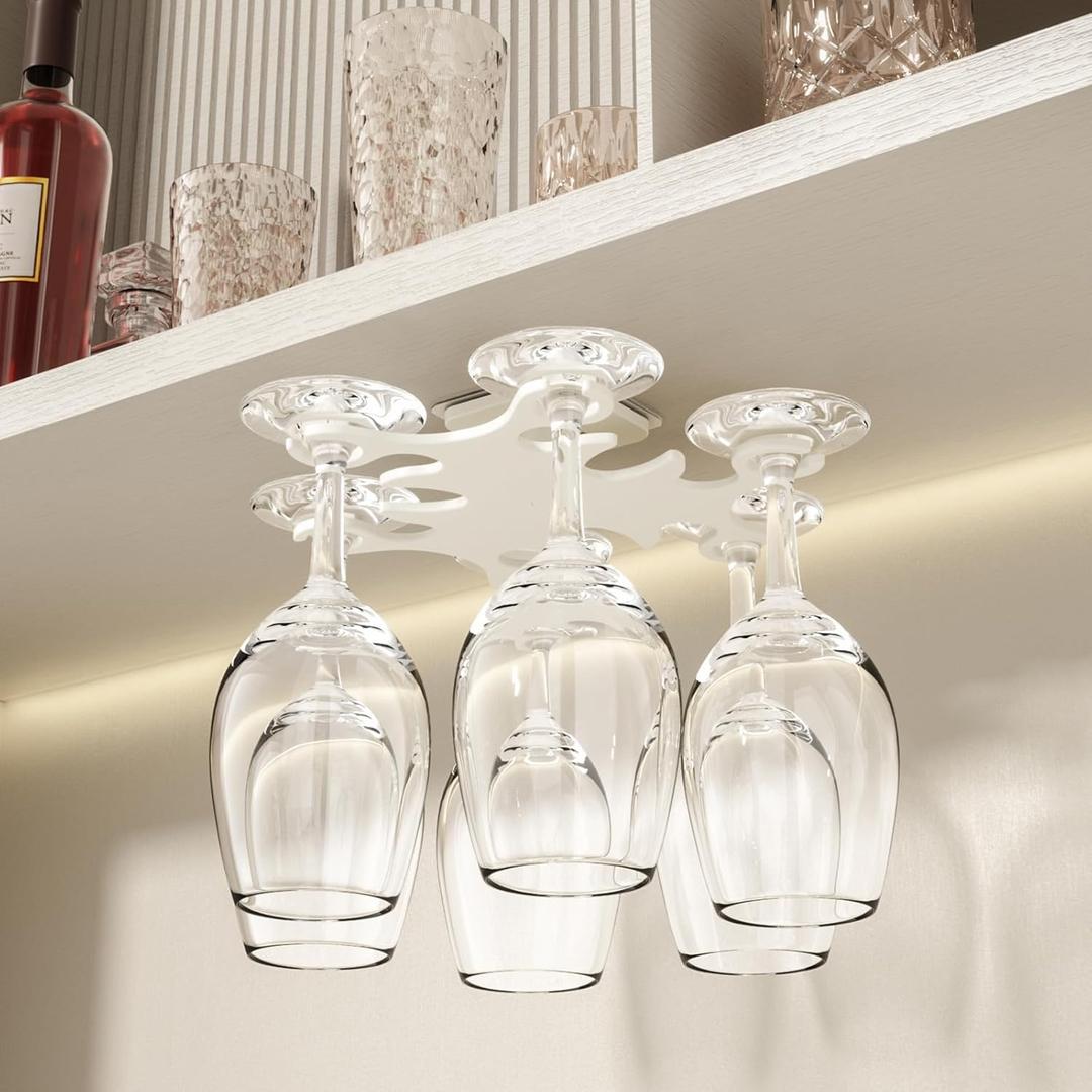 Under Cabinet Wine Glass Holder, 360 Infinitely Rotating Wine Glass Holder, No Drilling Wine Glass Rack for Kitchen, Dining and Bar (White) 