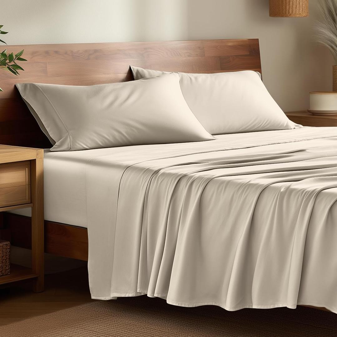 Bare Home 100% Rayon Made from Bamboo Luxury Full Sheet Set - 4 Piece Bedding Set - Deep Pockets - Cooling Sheets - Breathable - Easy Fit - Soft Bedding Sheets & Pillowcases (Full, Sand)