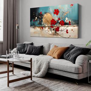Kepgonegu Floral Wall Art Red Flowers with Teal Background Modern Abstract Artwork for Living Room Bedroom Office Home Canvas Prints 24x48 Inch