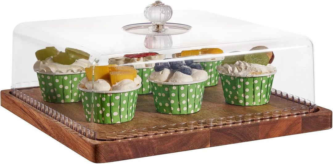 Cake Stand with Lid, 11.6 Square Small-Sized Cake Holder, Acacia Solid Wood Dessert Table Display Set, Charcuterie Board for Cheese ,Fruit Platter, Large Acrylic Cake Dome Cover