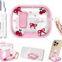 For AirPods Pro 3 Case 2025 3rd Generation with Cleaner Kit,Cute Pink Protective Cover with Lock/Stand Compatible with Apple New Air Podspro3,Bows Cherry Clear Headphone Case with Keychain Accessories