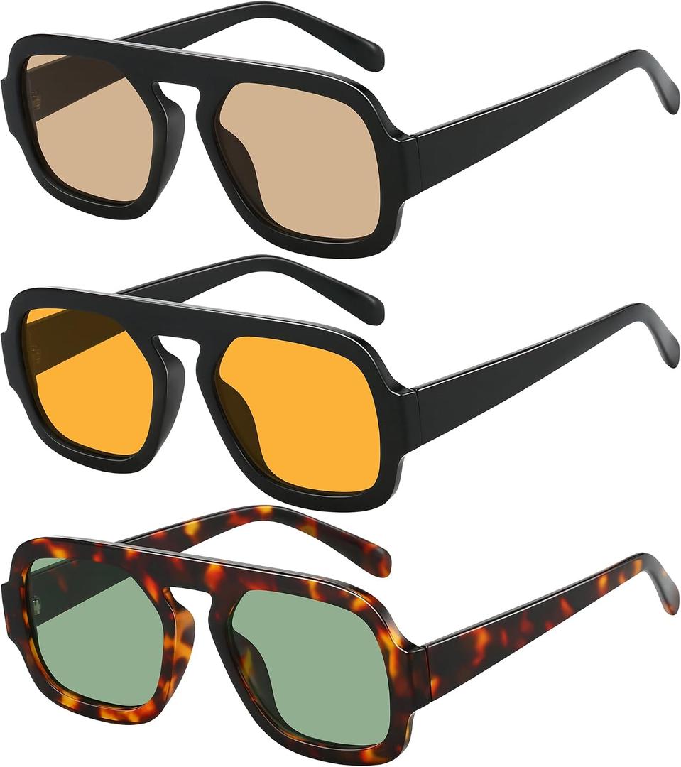 3 x Square Aviator Sunglasses Womens - Trendy Sun Glasses for Women Men UV Protection Lightweight Comfortable Shades