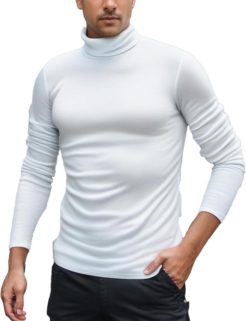 Men Casual Turtleneck Slim Fit Basic Tops Lightweight Thin Pullover Sweater Long Sleeve Underwear Male Blouse T-Shirt (White, M)