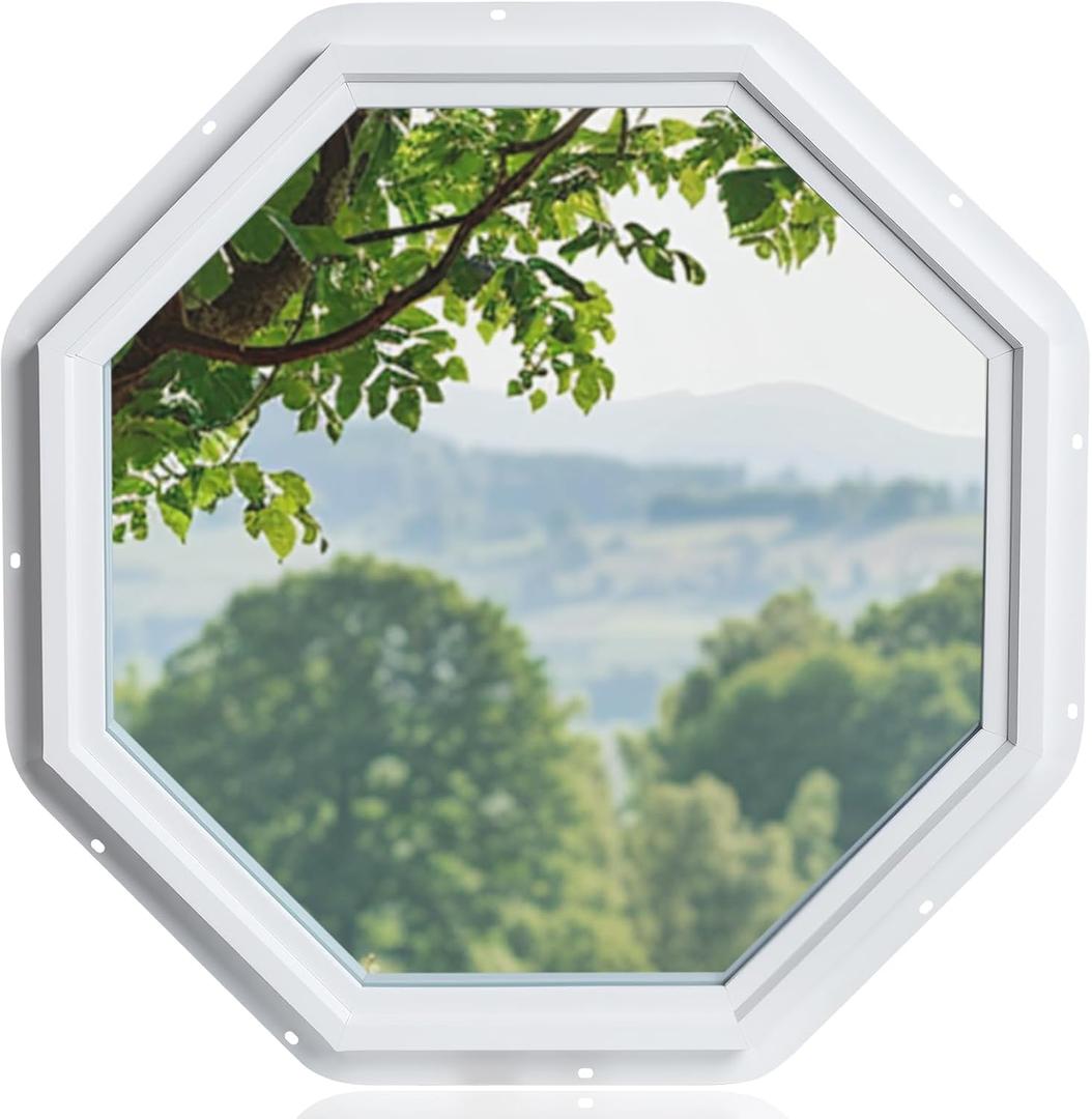 23.5"x23.5" Vinyl Octagon Window,Low-E Glass with Argon Gas,Double-Pane Insulated Tempered Clear Glass Octagon Fixed Window and Picture Window (No Grids)