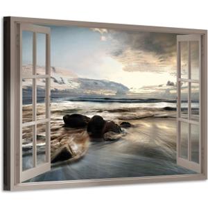 ARTISTIC PATH Open Window Canvas Artwork Print: Rocky Beach with Sunset Prints Fake Window Wall Art for Bedroom (45" W x 30" H,Multi-Sized)