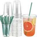 50 Pack 16 oz Clear Plastic Cups with Lids and Straws Disposable Iced Coffee Cups Round Bottom To carry Cup for Coffee Smoothie Cold Drinks Juice Milkshake Tea (Green)