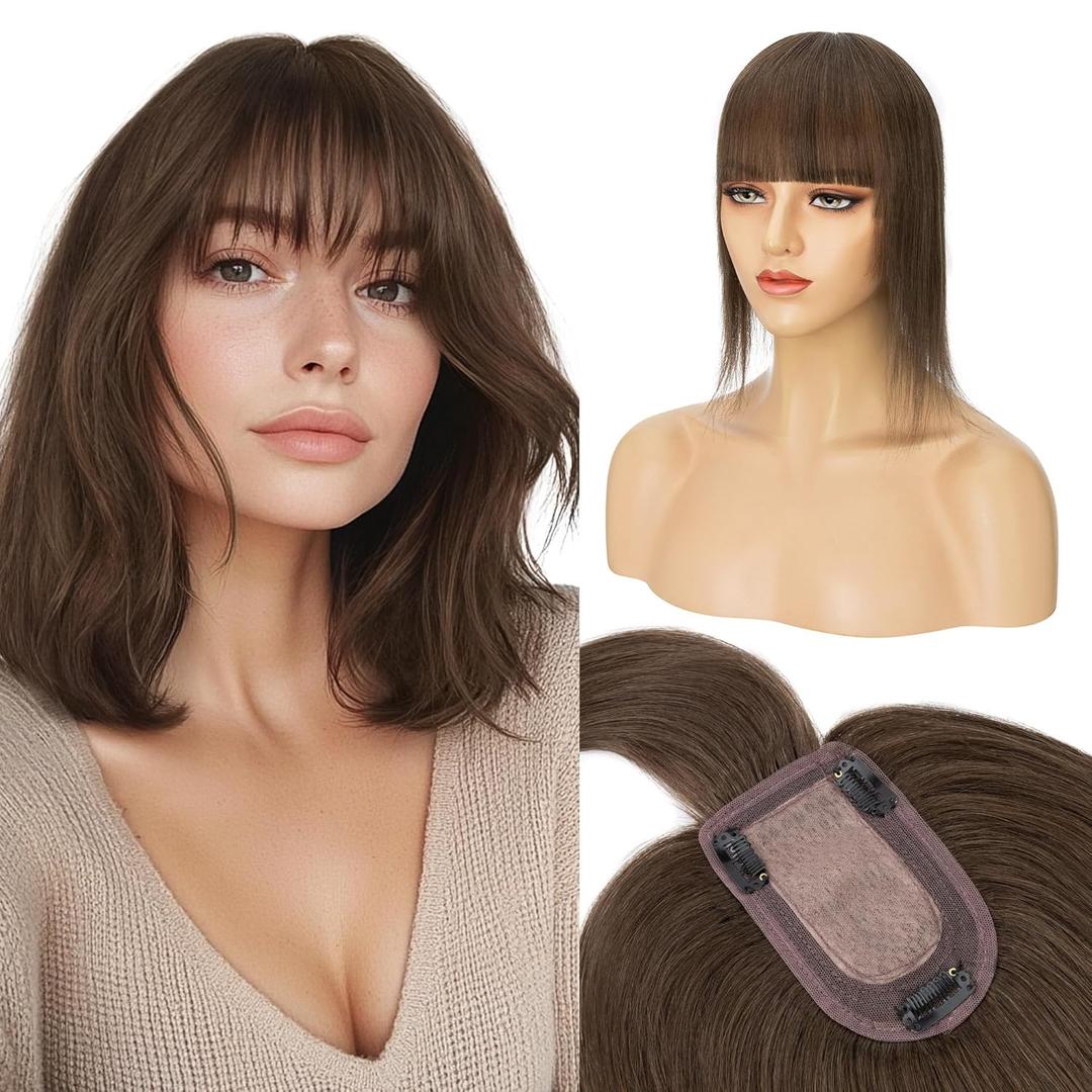 S-noilite Human Hair Toppers for Women with Bangs 100% Real Human Hairpiece 5"x3" Clip in Silk Base Topper Piece Cover Thinning Fine Hair 10 inch Coffee Brown
