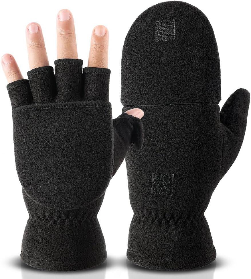 OZERO Winter Gloves Fingerless Convertible Mittens Thermal Polar Fleece Insulated Lining Windproof Warm for Men Women (M)