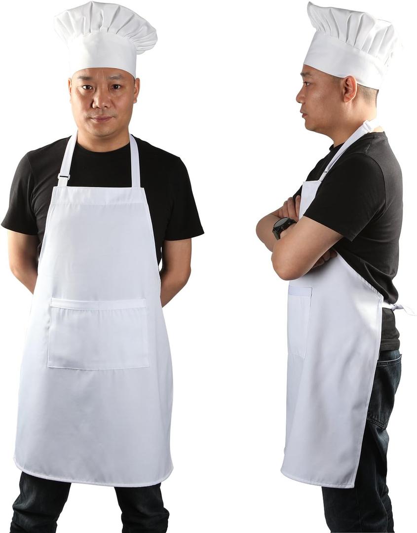 yotache Chef Apron and Hat Set, Chef Hat and Kitchen Apron Adult Adjustable White Baker Costume for Men and Women, 1 Set (33" L x 26" W)