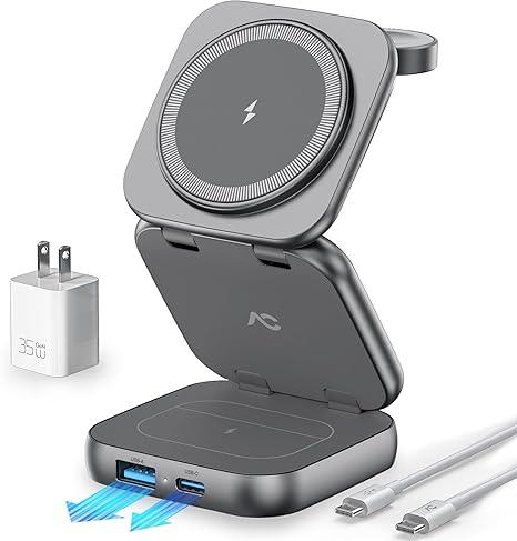 5-in-1 Wireless Charger for MagSafe, AC ISLAND Portable Travel Charging Station, 35W Max Fast Foldable Magnetic Stand, Evolved for iPhone 17-12 & Air Series, Apple Watch, AirPods (with 35W Adapter)