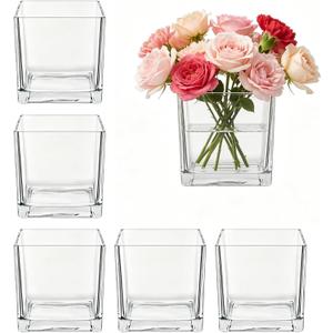 6 Pcs Square Glass Vase 5" x 5" x 5", Clear Bulk Cube Vases for Centerpieces, Floating Candle Holders with Thickened Base for Wedding, Birthday, Office & Home Decor