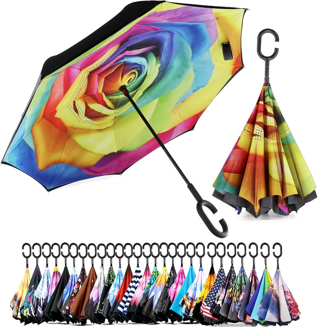 SIEPASA 49/56 Inch Inverted Reverse Upside Down Umbrella, Extra Large Double Canopy Vented Windproof Waterproof Stick Golf Umbrellas with C-shape Handle.